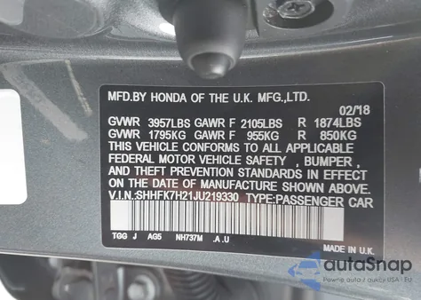 2018 Honda Civic Lx из США, поврежденный, VIN SHHFK7H21JU219330